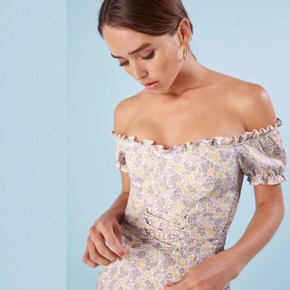 Reformation Miami Mini Cream Purple Dress Floral Shoulder Off Size 2 - Picture 4 of 11